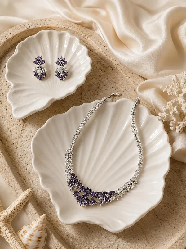 White_And_Purple_Silver_Cz_Stone_Floral_Bridal_Necklace_Set_For_Women