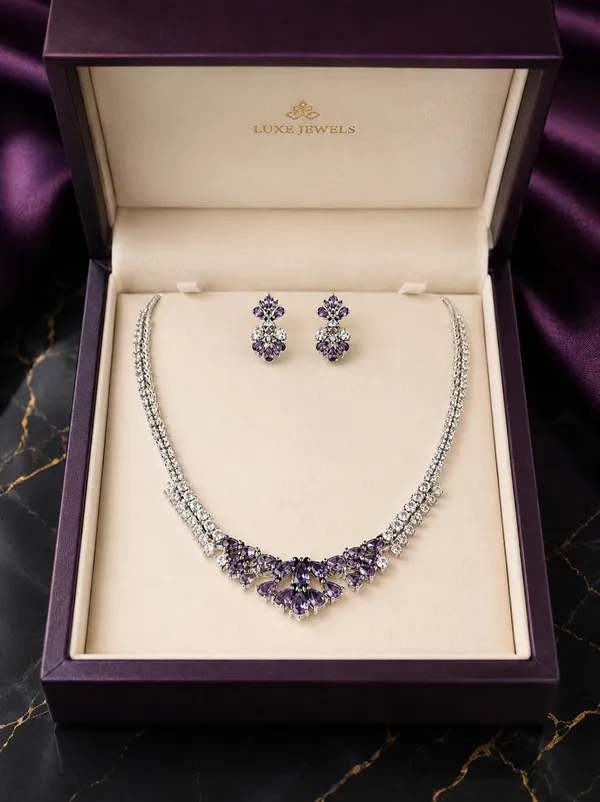 White_And_Purple_Silver_Cz_Stone_Floral_Bridal_Necklace_Set_For_Women