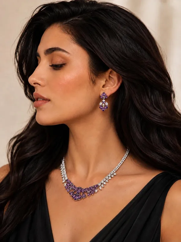 White_And_Purple_Silver_Cz_Stone_Floral_Bridal_Necklace_Set_For_Women