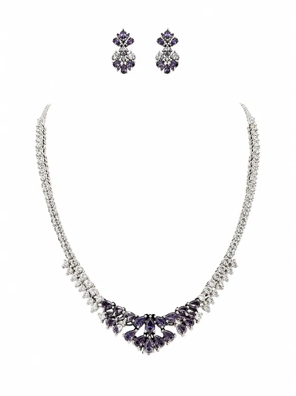 White_And_Purple_Silver_Cz_Stone_Floral_Bridal_Necklace_Set_For_Women
