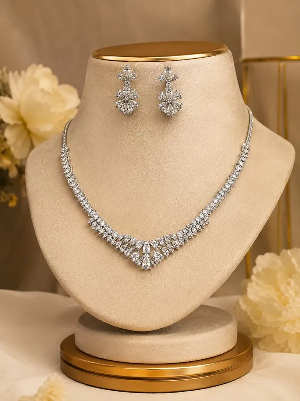 Crystal_White_Silver_Cz_Stone_Floral_Bridal_Necklace_Set_For_Women