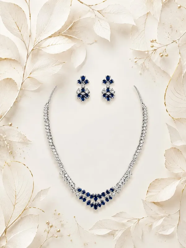 Silver_And_Blue_Alloy_Cz_Stone_Floral_Bridal_Necklace_Set_With_Stud_Earrings_For_Women