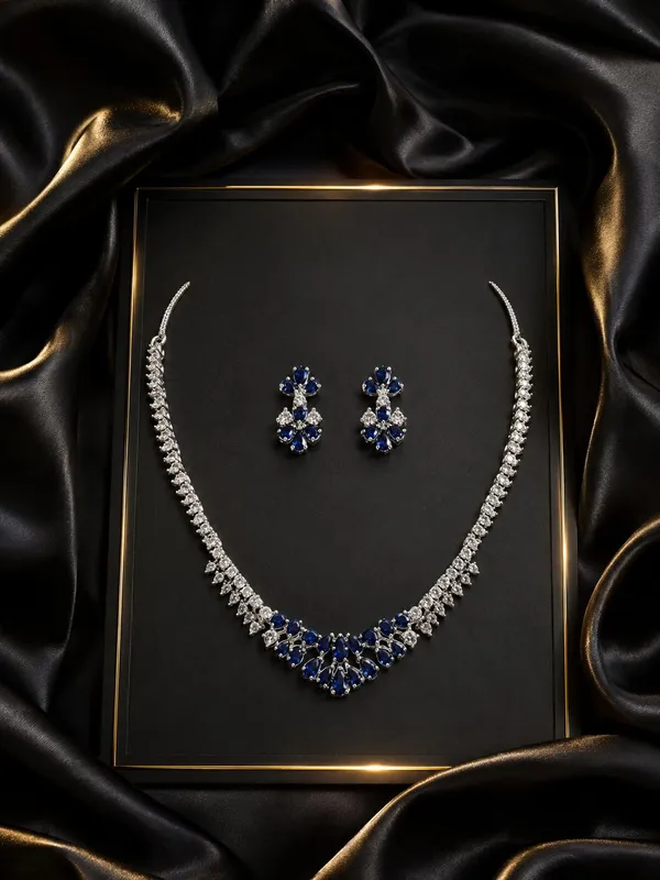 Silver_And_Blue_Alloy_Cz_Stone_Floral_Bridal_Necklace_Set_With_Stud_Earrings_For_Women