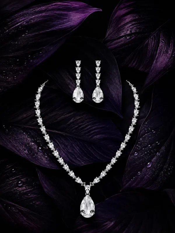 Crystal_And_White_Alloy_Cz_Crystal_Teardrop_Bridal_Necklace_Set_For_Women