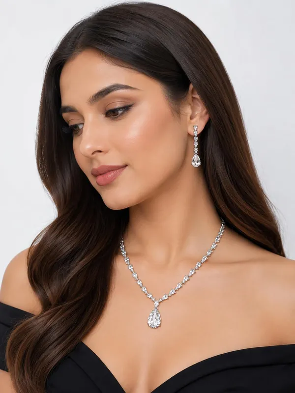 Crystal_And_White_Alloy_Cz_Crystal_Teardrop_Bridal_Necklace_Set_For_Women
