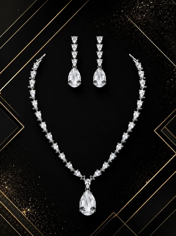Crystal_And_White_Alloy_Cz_Crystal_Teardrop_Bridal_Necklace_Set_For_Women