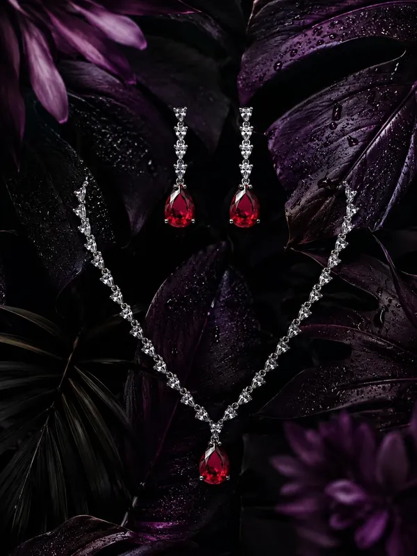 White_And_Crimson_Red_Alloy_Cz_Crystal_Teardrop_Bridal_Necklace_Set_For_Women