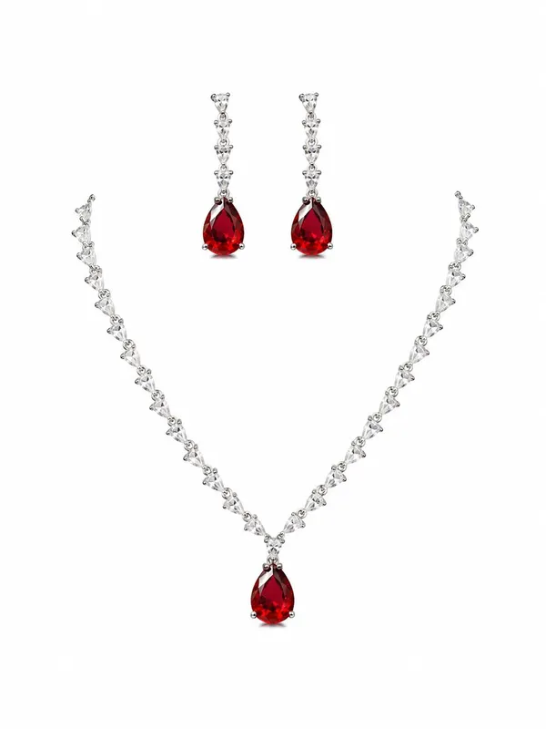 White_And_Crimson_Red_Alloy_Cz_Crystal_Teardrop_Bridal_Necklace_Set_For_Women