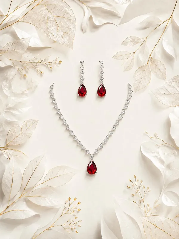 White_And_Crimson_Red_Alloy_Cz_Crystal_Teardrop_Bridal_Necklace_Set_For_Women