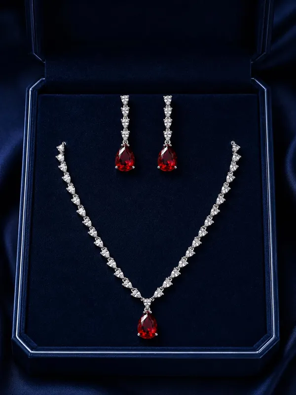 White_And_Crimson_Red_Alloy_Cz_Crystal_Teardrop_Bridal_Necklace_Set_For_Women