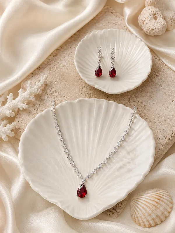 White_And_Crimson_Red_Alloy_Cz_Crystal_Teardrop_Bridal_Necklace_Set_For_Women
