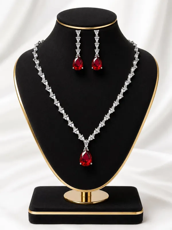 White_And_Crimson_Red_Alloy_Cz_Crystal_Teardrop_Bridal_Necklace_Set_For_Women