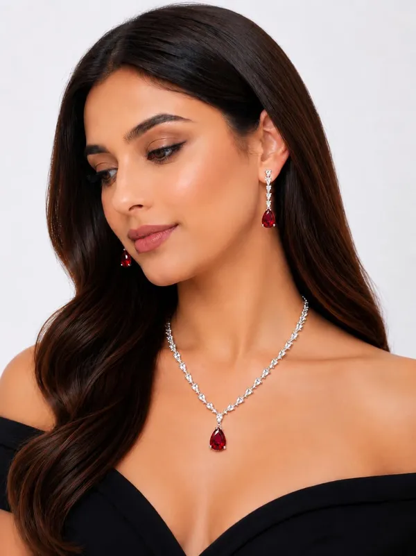 White_And_Crimson_Red_Alloy_Cz_Crystal_Teardrop_Bridal_Necklace_Set_For_Women