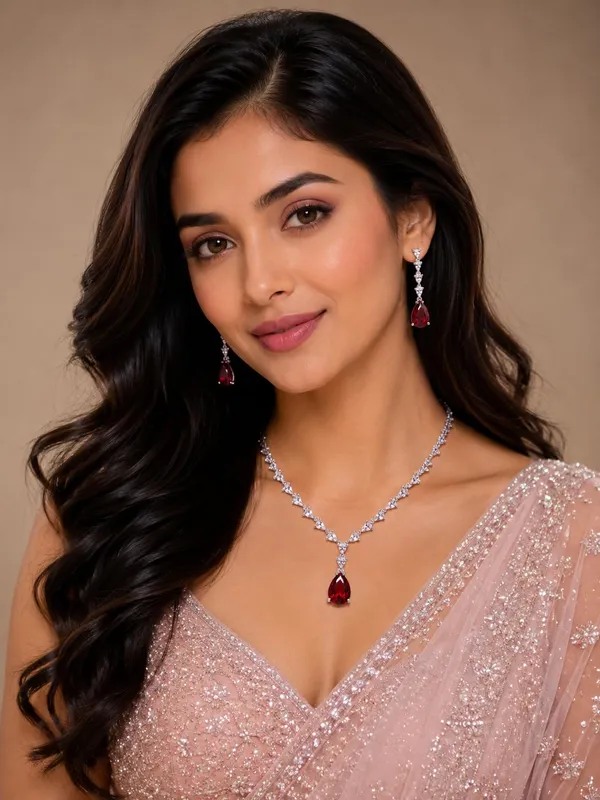 White_And_Crimson_Red_Alloy_Cz_Crystal_Teardrop_Bridal_Necklace_Set_For_Women