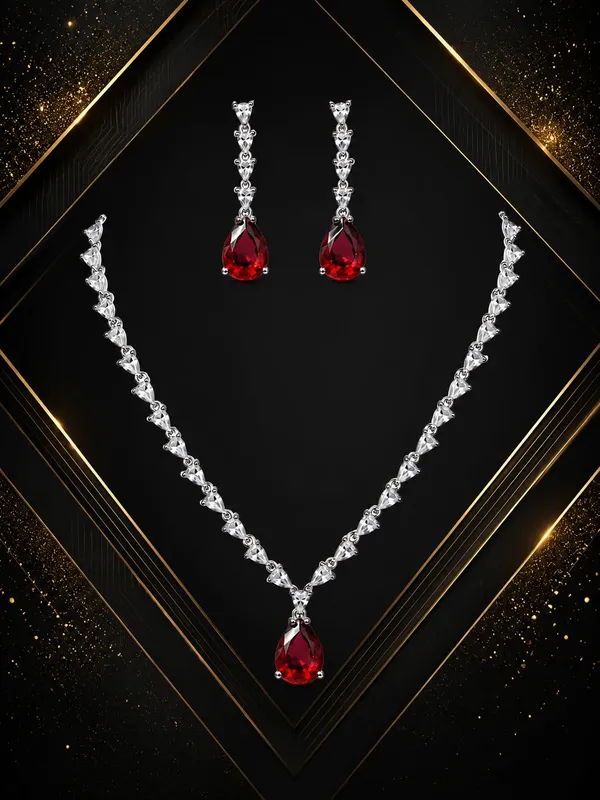 White_And_Crimson_Red_Alloy_Cz_Crystal_Teardrop_Bridal_Necklace_Set_For_Women