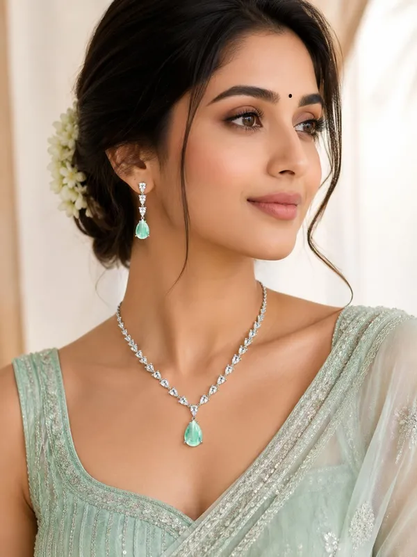 Emerald_Green_Cz_Crystal_Teardrop_Bridal_Necklace_Set_For_Women