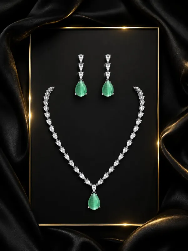 Emerald_Green_Cz_Crystal_Teardrop_Bridal_Necklace_Set_For_Women