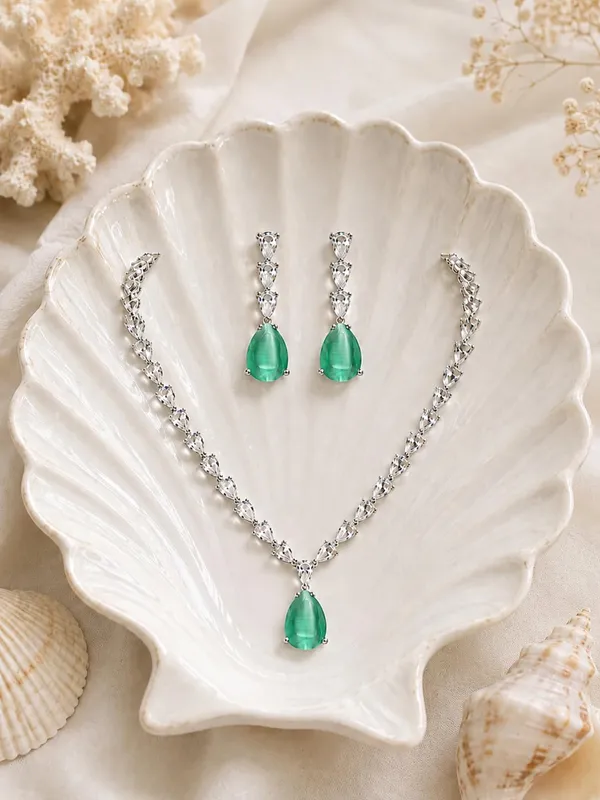 Emerald_Green_Cz_Crystal_Teardrop_Bridal_Necklace_Set_For_Women