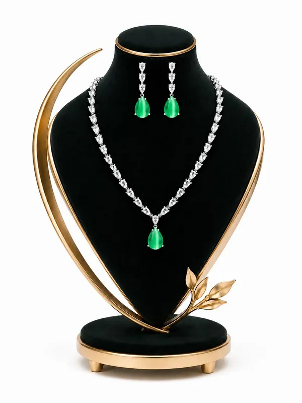 Emerald_Green_Cz_Crystal_Teardrop_Bridal_Necklace_Set_For_Women