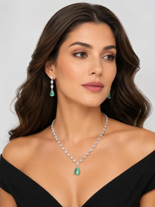 Emerald_Green_Cz_Crystal_Teardrop_Bridal_Necklace_Set_For_Women