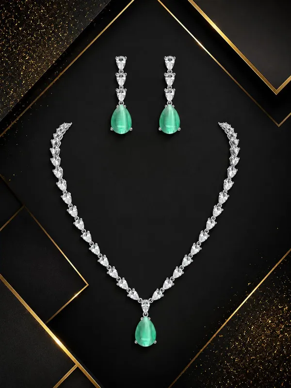 Emerald_Green_Cz_Crystal_Teardrop_Bridal_Necklace_Set_For_Women