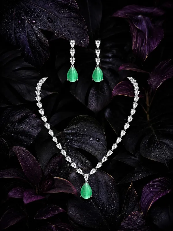 Emerald_Green_Cz_Crystal_Teardrop_Bridal_Necklace_Set_For_Women