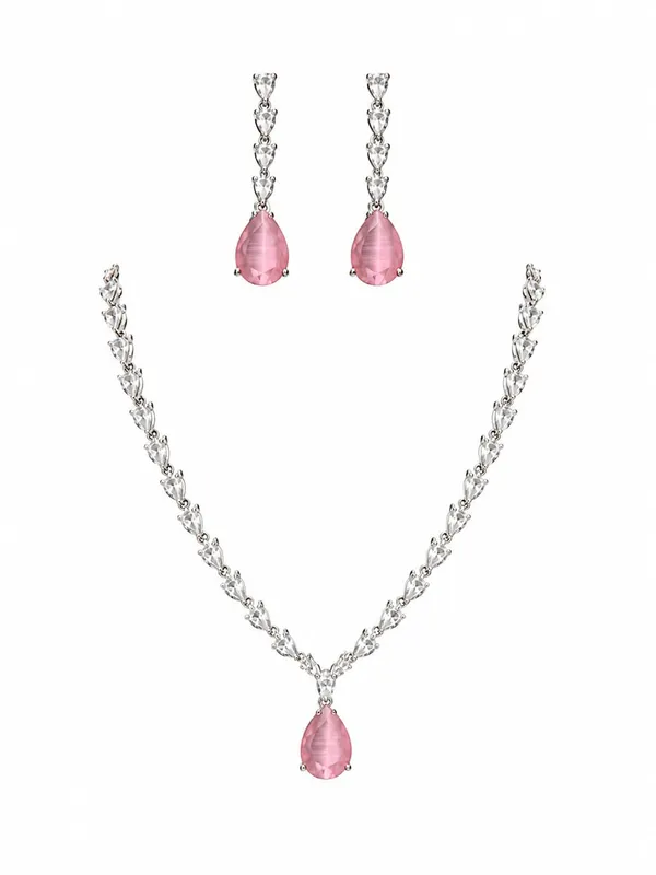 White_And_Soft_Pink_Alloy_Cz_Crystal_Teardrop_Bridal_Necklace_Set_For_Women