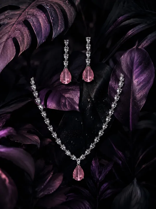 White_And_Soft_Pink_Alloy_Cz_Crystal_Teardrop_Bridal_Necklace_Set_For_Women