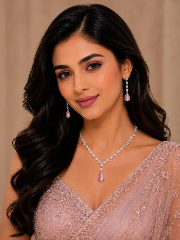 White_And_Soft_Pink_Alloy_Cz_Crystal_Teardrop_Bridal_Necklace_Set_For_Women