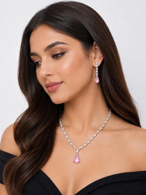 White_And_Soft_Pink_Alloy_Cz_Crystal_Teardrop_Bridal_Necklace_Set_For_Women