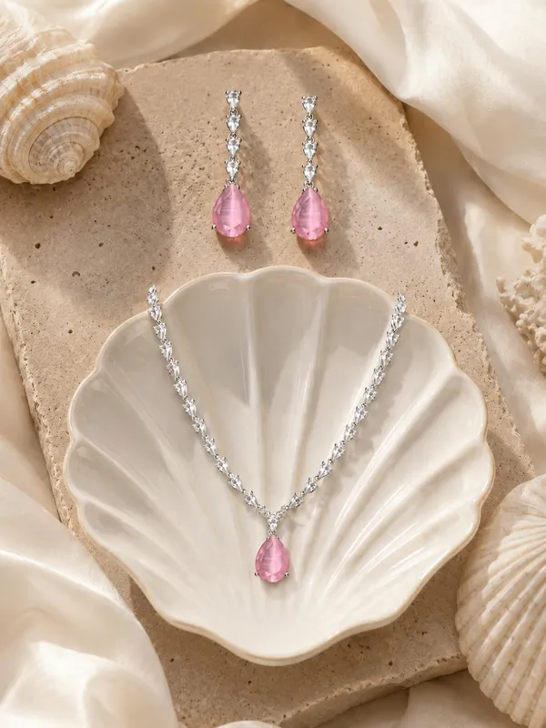 White_And_Soft_Pink_Alloy_Cz_Crystal_Teardrop_Bridal_Necklace_Set_For_Women