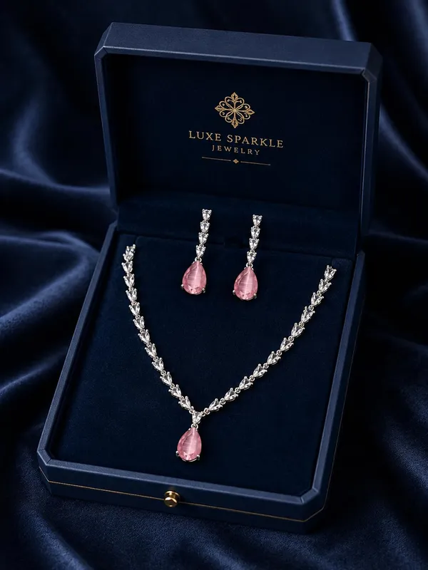 White_And_Soft_Pink_Alloy_Cz_Crystal_Teardrop_Bridal_Necklace_Set_For_Women