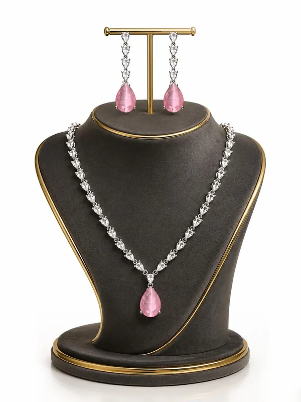 White_And_Soft_Pink_Alloy_Cz_Crystal_Teardrop_Bridal_Necklace_Set_For_Women