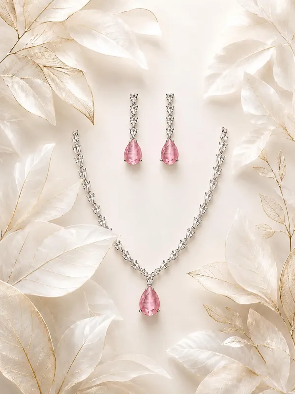 White_And_Soft_Pink_Alloy_Cz_Crystal_Teardrop_Bridal_Necklace_Set_For_Women