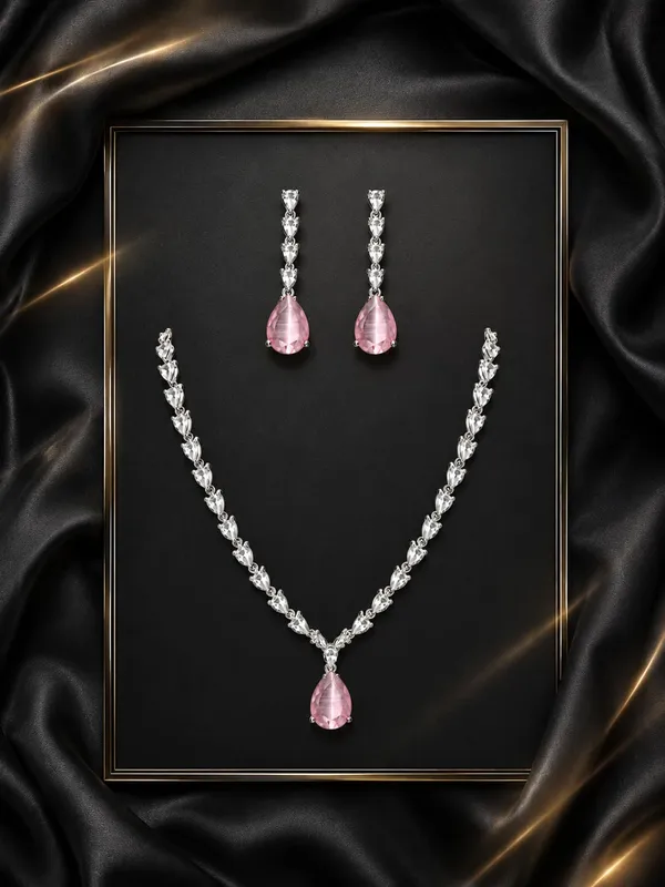 White_And_Soft_Pink_Alloy_Cz_Crystal_Teardrop_Bridal_Necklace_Set_For_Women