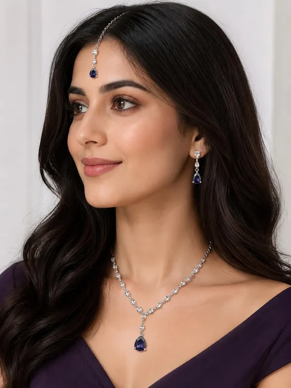 Royal_Blue_Rhodium_Crystal_Pear_Cut_Bridal_Jewellery_Set_For_Women