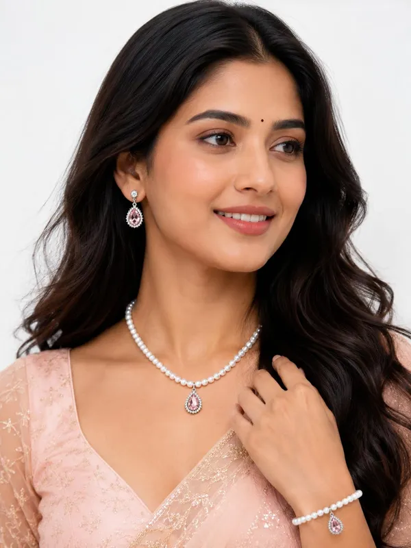 White_And_Pink_Alloy_Pearl_Teardrop_Crystal_Jewellery_Set_For_Women