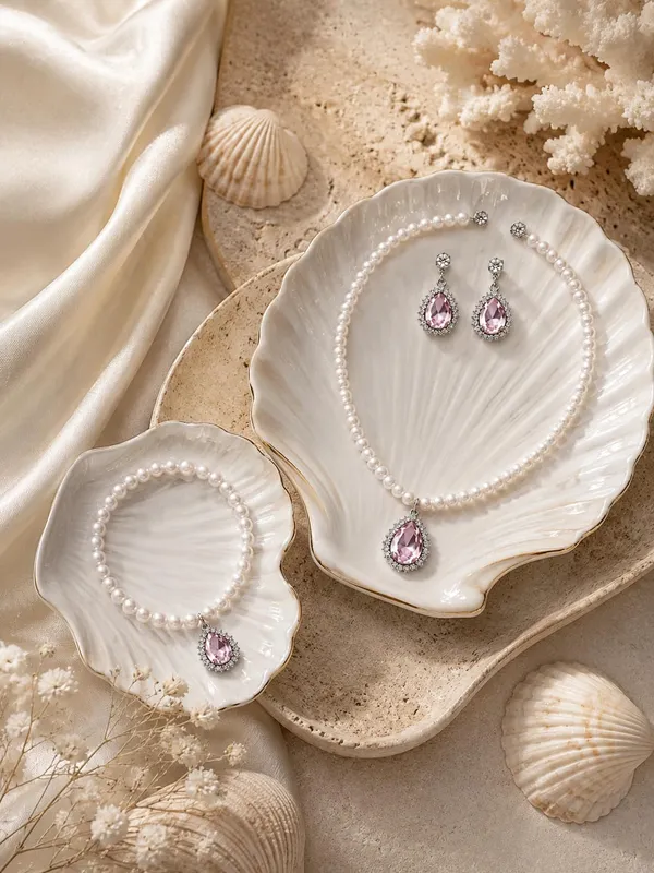 White_And_Pink_Alloy_Pearl_Teardrop_Crystal_Jewellery_Set_For_Women
