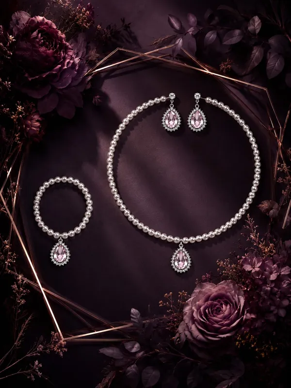 White_And_Pink_Alloy_Pearl_Teardrop_Crystal_Jewellery_Set_For_Women