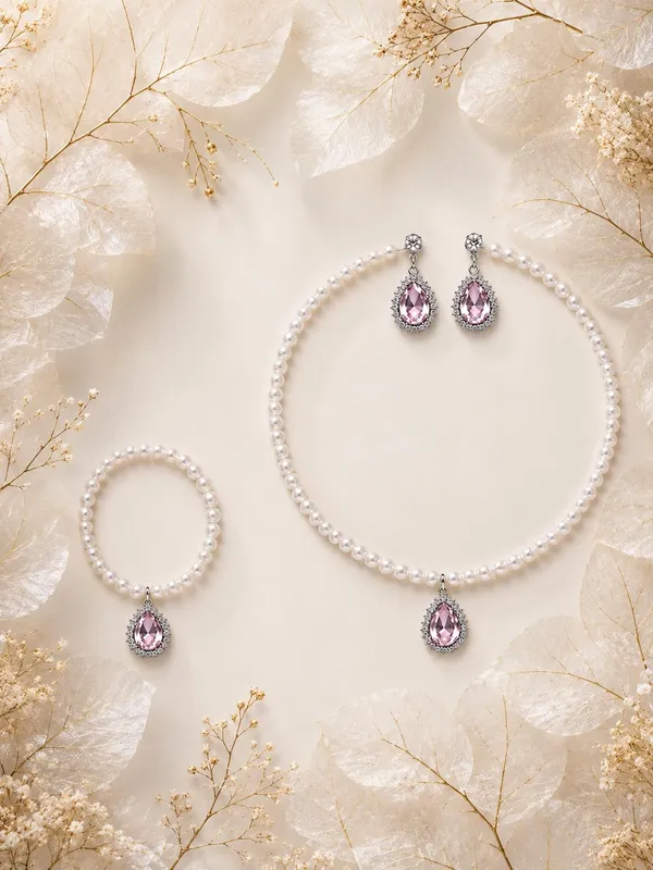 White_And_Pink_Alloy_Pearl_Teardrop_Crystal_Jewellery_Set_For_Women