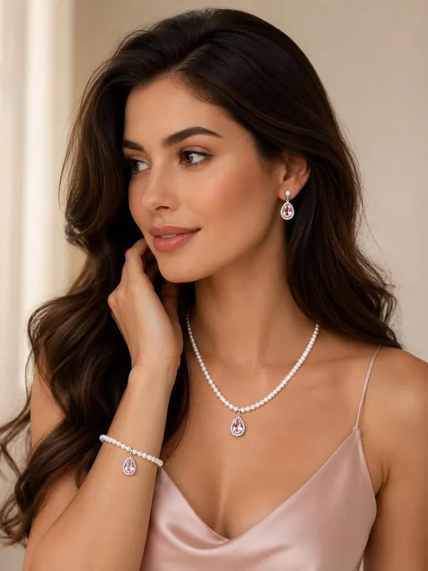 White_And_Pink_Alloy_Pearl_Teardrop_Crystal_Jewellery_Set_For_Women