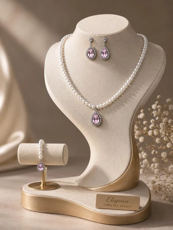 White_And_Pink_Alloy_Pearl_Teardrop_Crystal_Jewellery_Set_For_Women