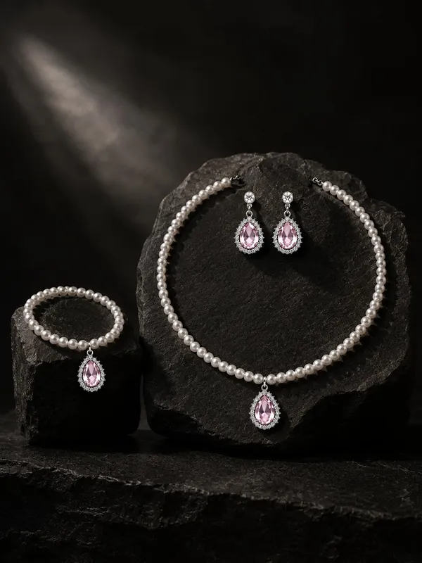 White_And_Pink_Alloy_Pearl_Teardrop_Crystal_Jewellery_Set_For_Women