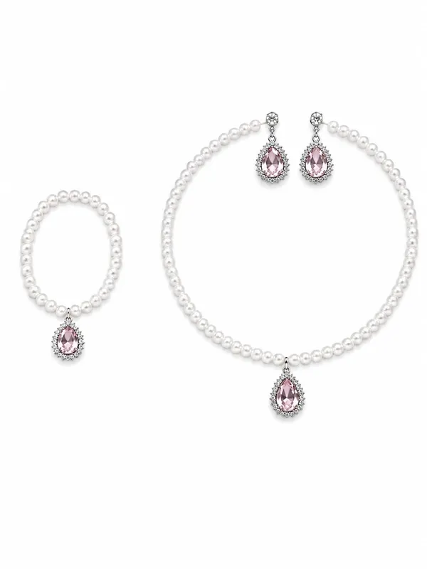 White_And_Pink_Alloy_Pearl_Teardrop_Crystal_Jewellery_Set_For_Women