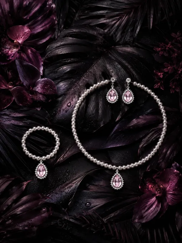 White_And_Pink_Alloy_Pearl_Teardrop_Crystal_Jewellery_Set_For_Women