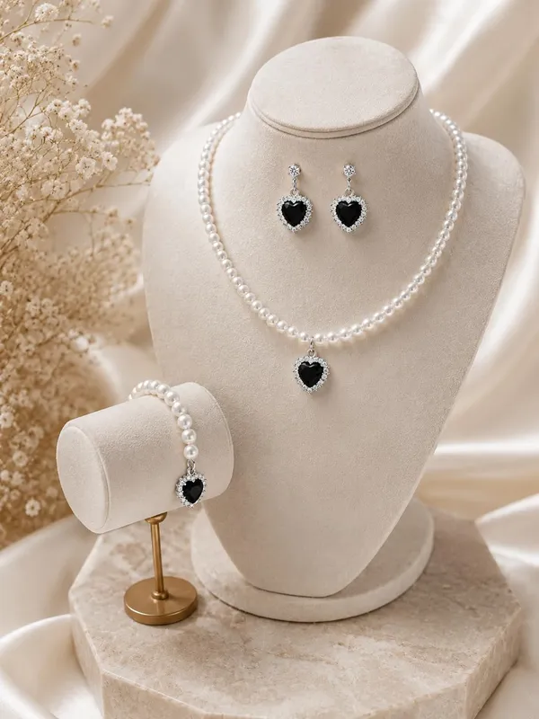 White_And_Black_Pearl_Alloy_Heart_Pendant_Jewellery_Set_For_Women