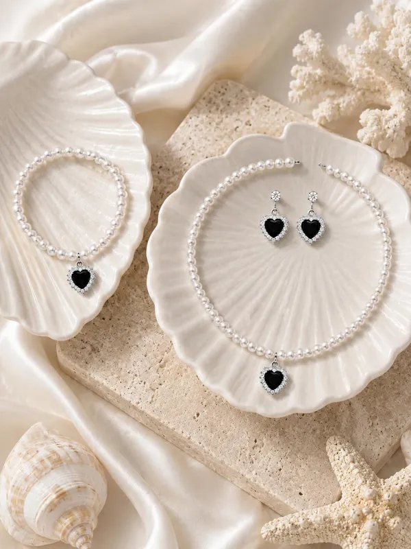 White_And_Black_Pearl_Alloy_Heart_Pendant_Jewellery_Set_For_Women