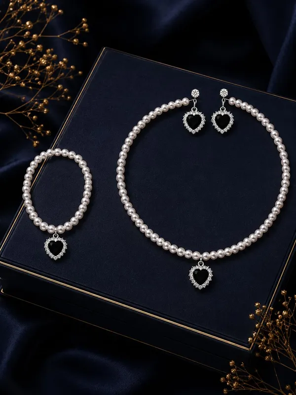 White_And_Black_Pearl_Alloy_Heart_Pendant_Jewellery_Set_For_Women