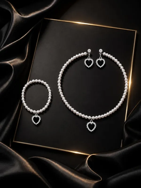 White_And_Black_Pearl_Alloy_Heart_Pendant_Jewellery_Set_For_Women