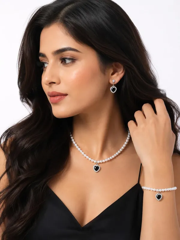 White_And_Black_Pearl_Alloy_Heart_Pendant_Jewellery_Set_For_Women